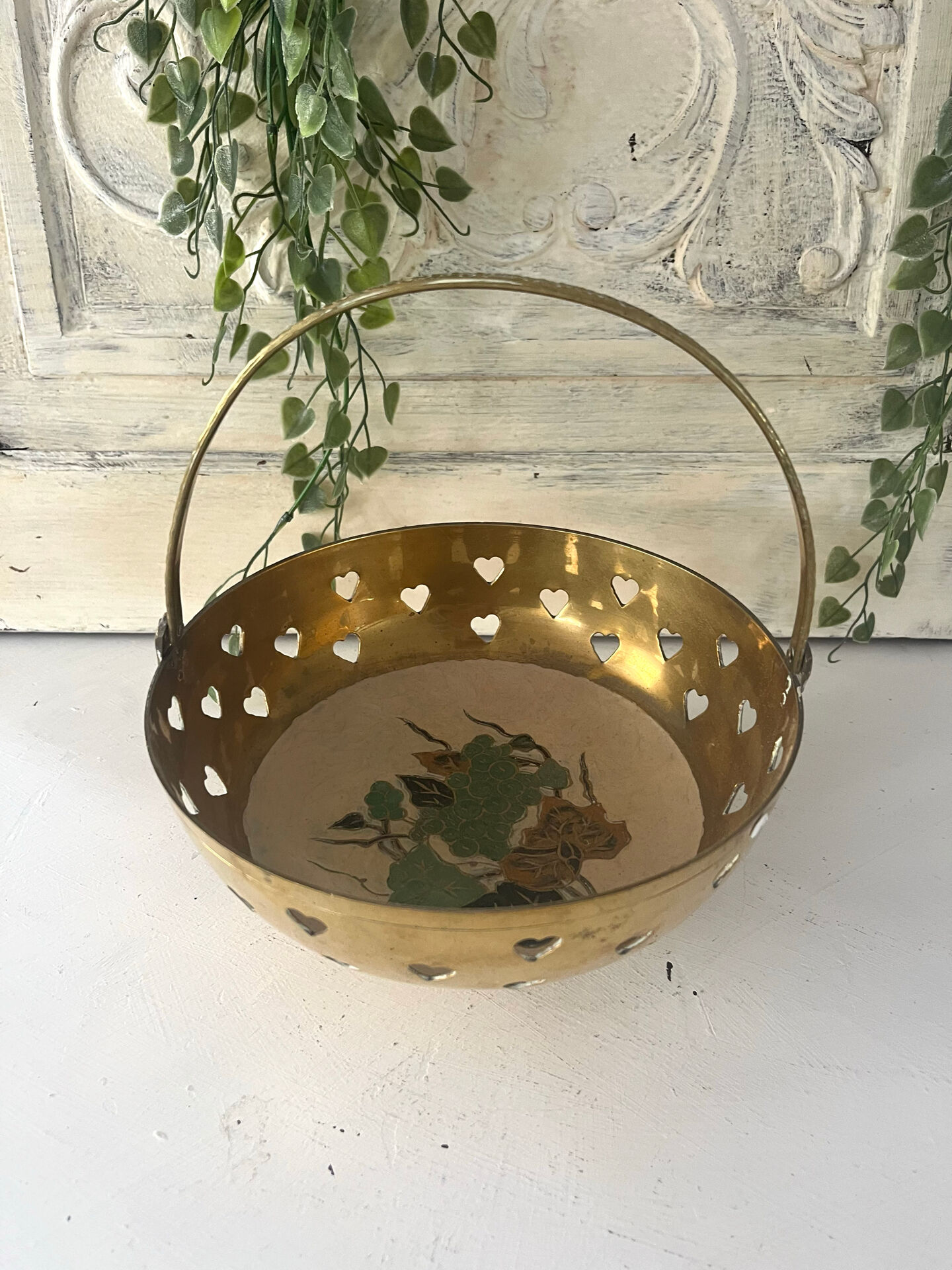 Brass cloisonne basket with handle – mid century circa 1950s art deco
