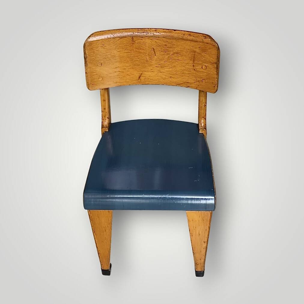 Antique Zabo children's chair (attributed) – varnished wood & blue seat