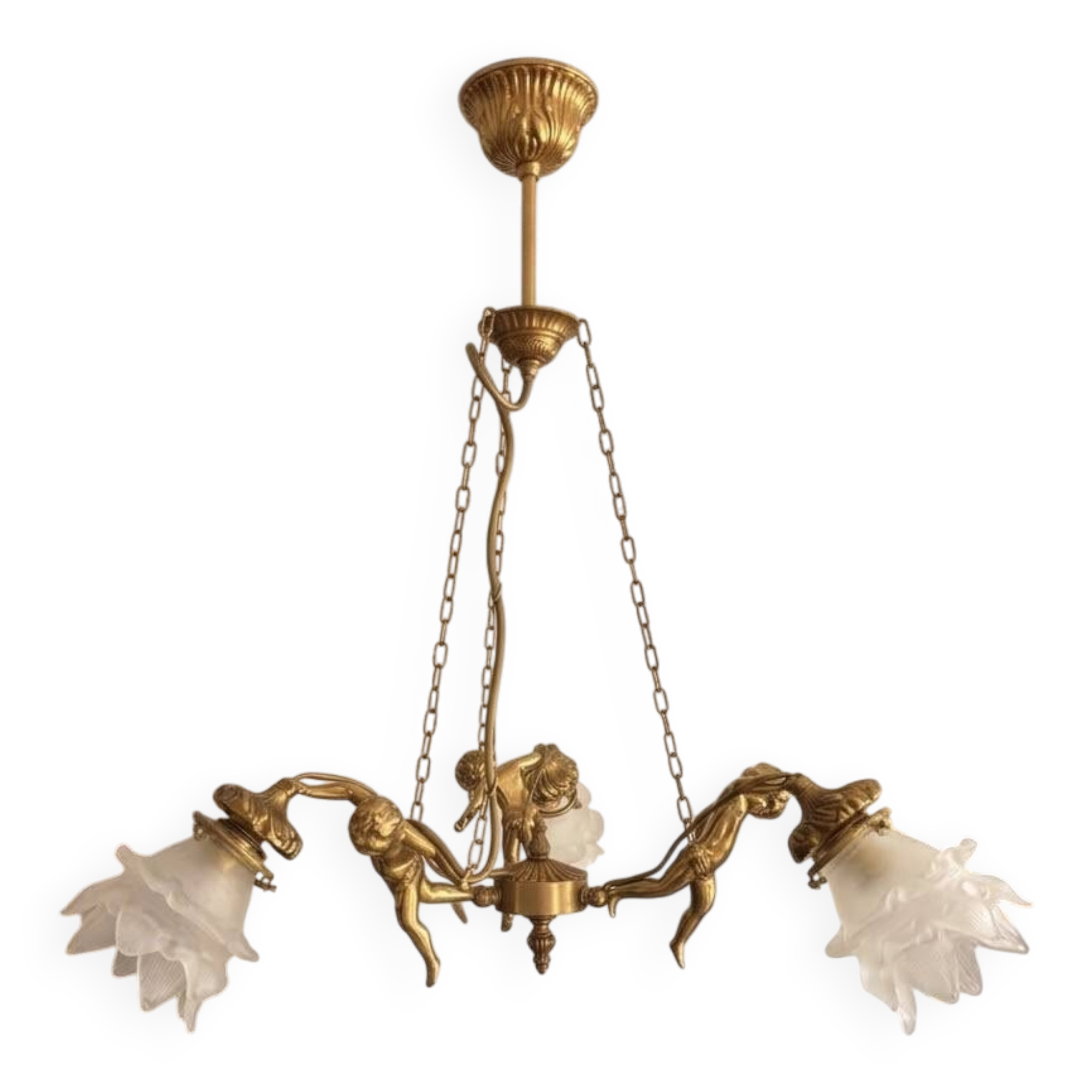 Golden bronze lustre with musical cherubs in vintage Louis XV style - lighting