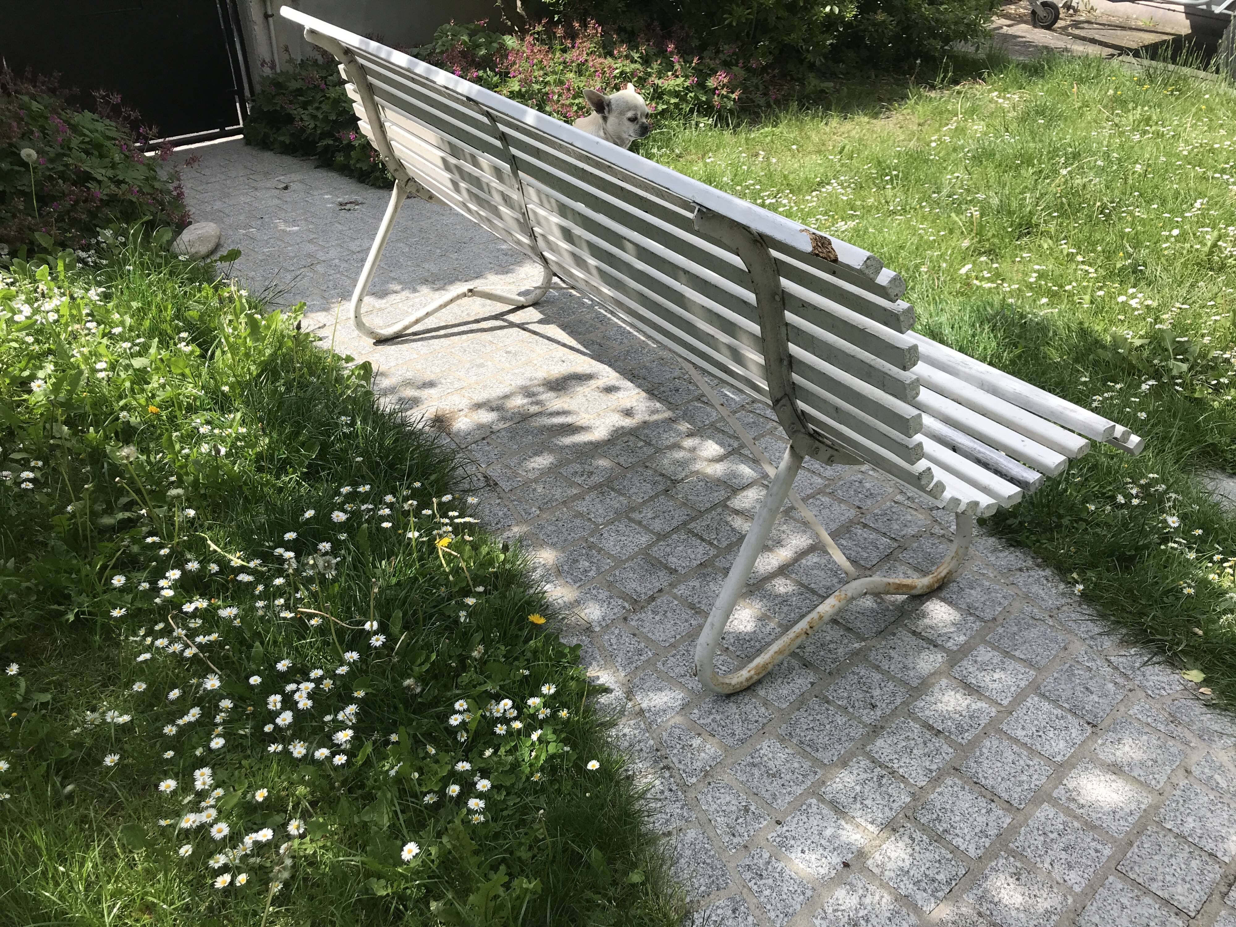 White metal Garden Bench and wooden slats 1970