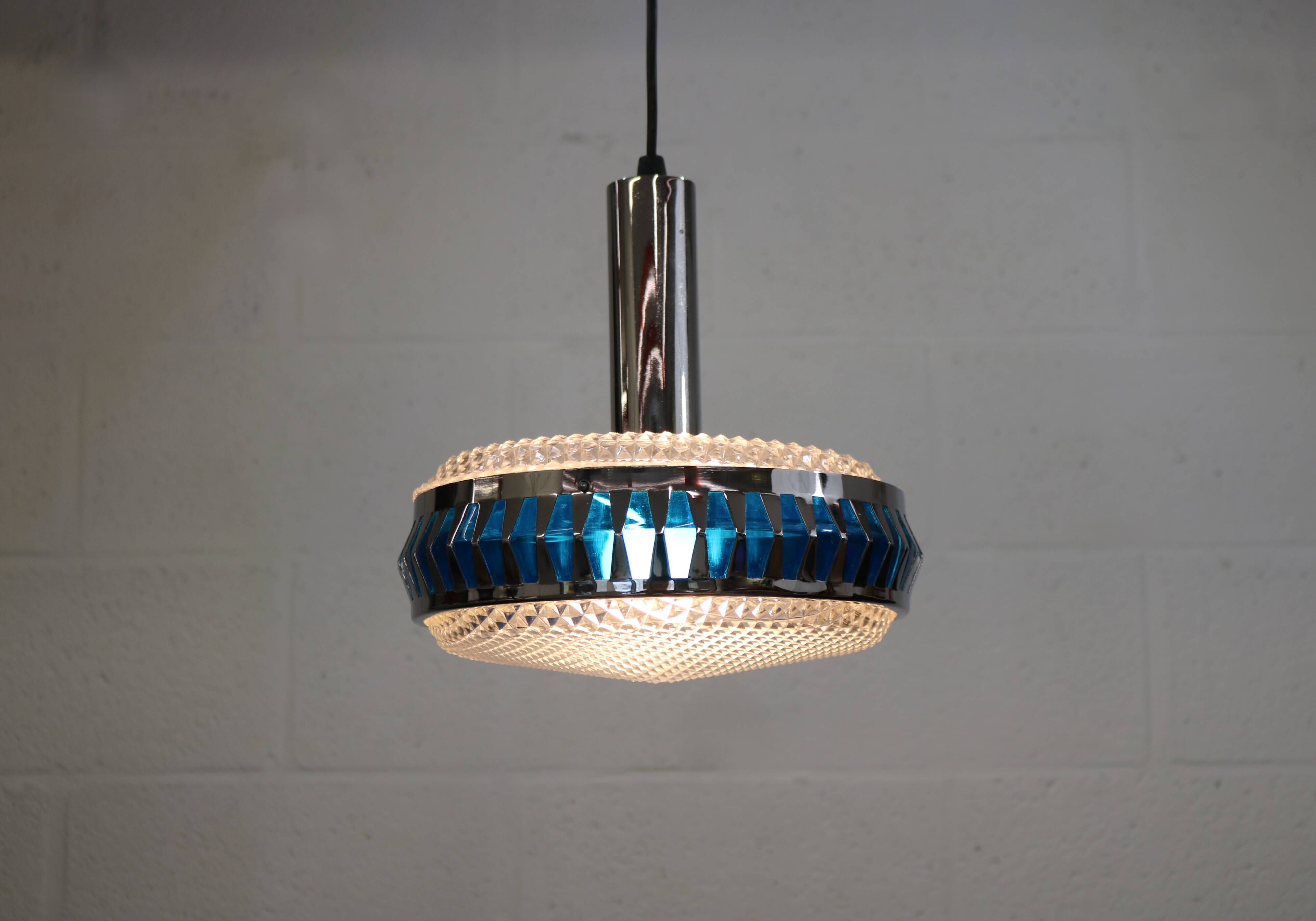 Vintage Chrome & Blue Pendant Lamp - 1970s Massive Belgium Lighting