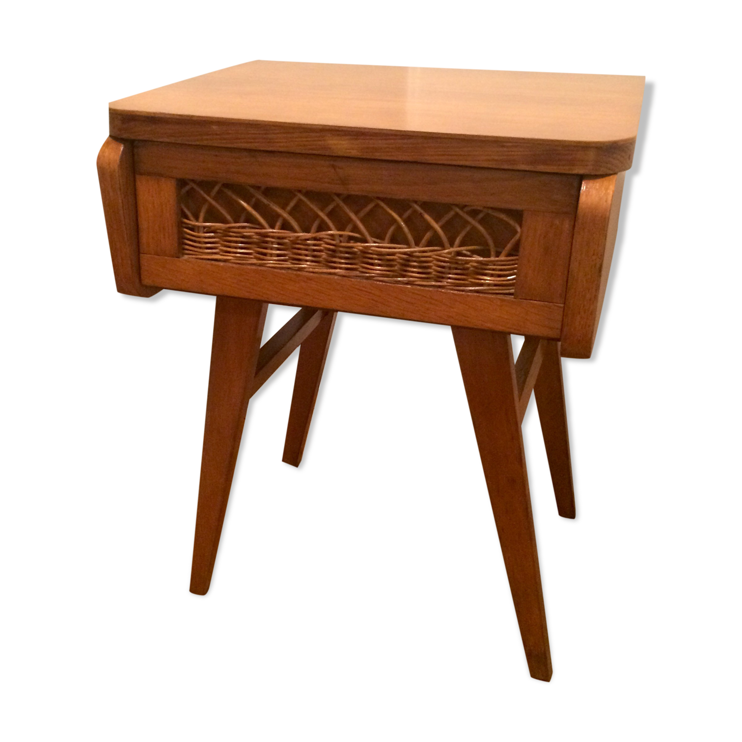 Vintage bedside table wood and rattan