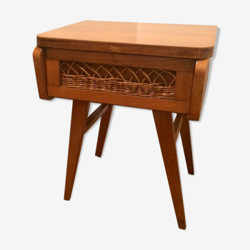 Table de chevet vintage bois et rotin