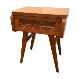 Vintage bedside table wood and rattan