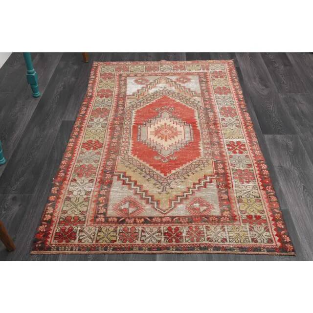1970s Vintage Turkish Hand-Knotted Wool Cotton Red Area Rug 110x186