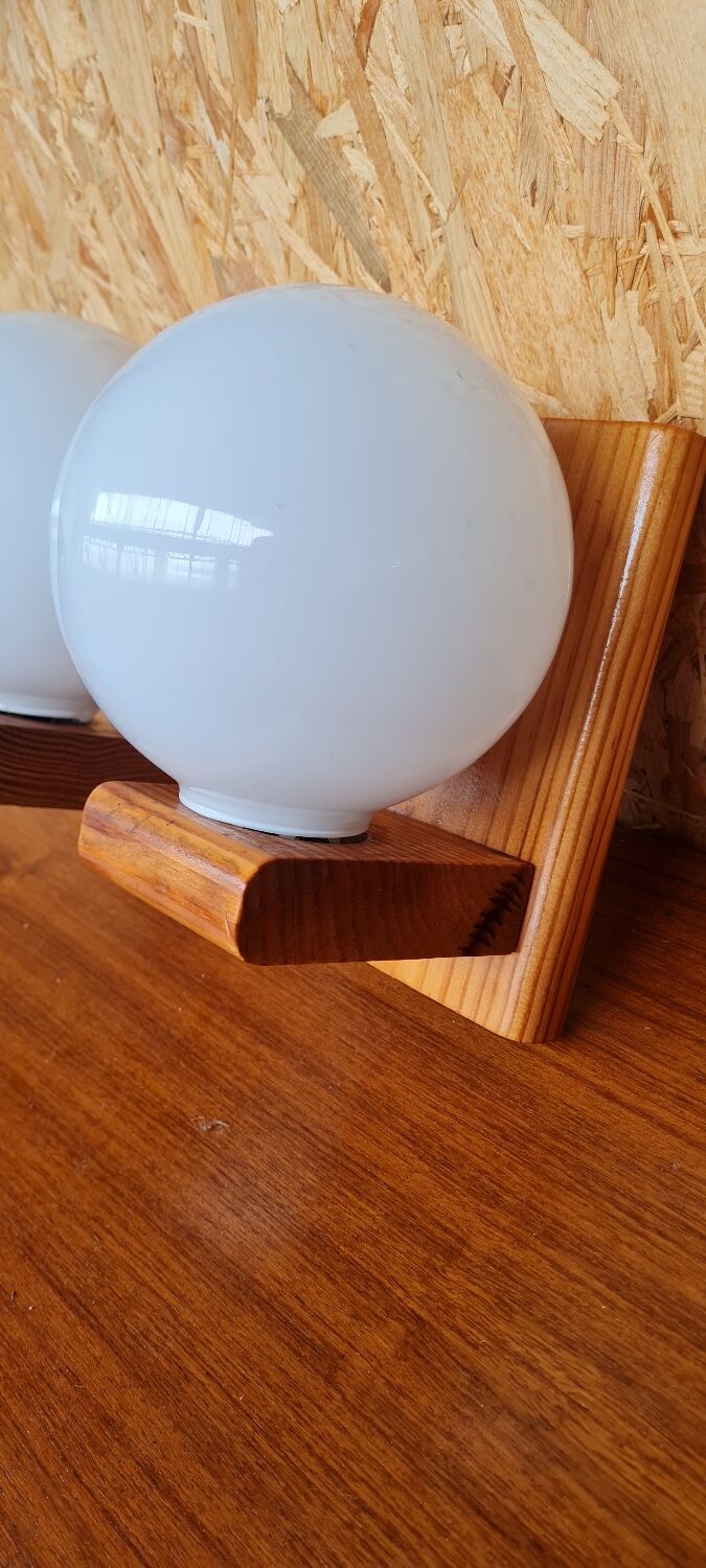 Pair of pine and opaline wall lamps