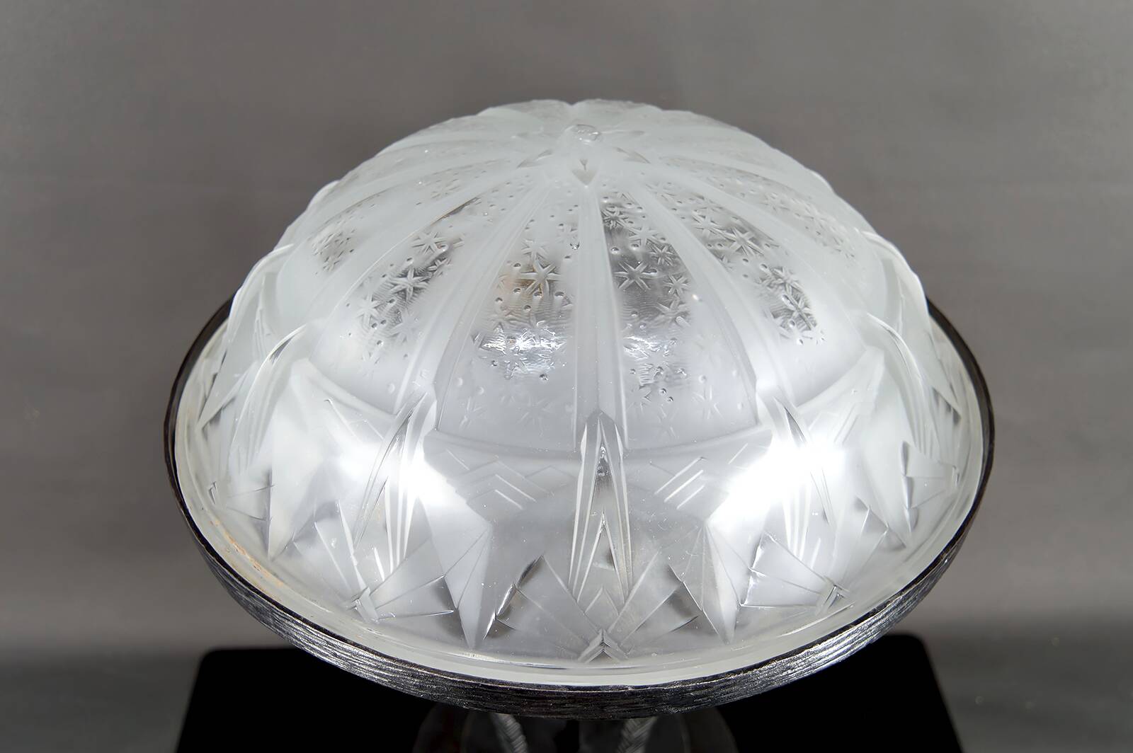 Important Art Deco Wrought Iron Lamp with Starry Glass Dome, c. 1930