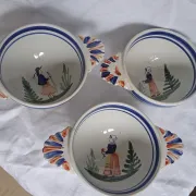 Set of three antique earthenware bowls from HB Quimper, signed.