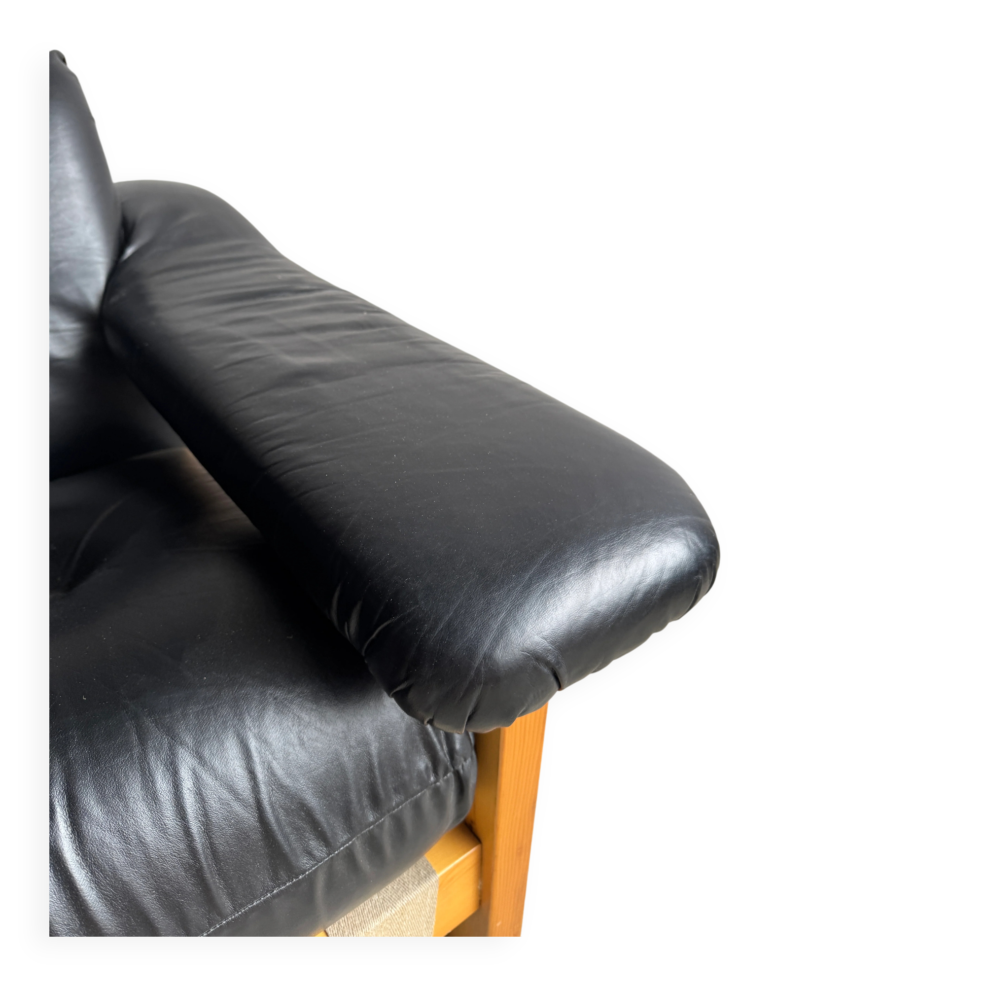Vintage 1970s Italian Armchair by Poltrona Munari — Black Leather with Pine Wood Frame