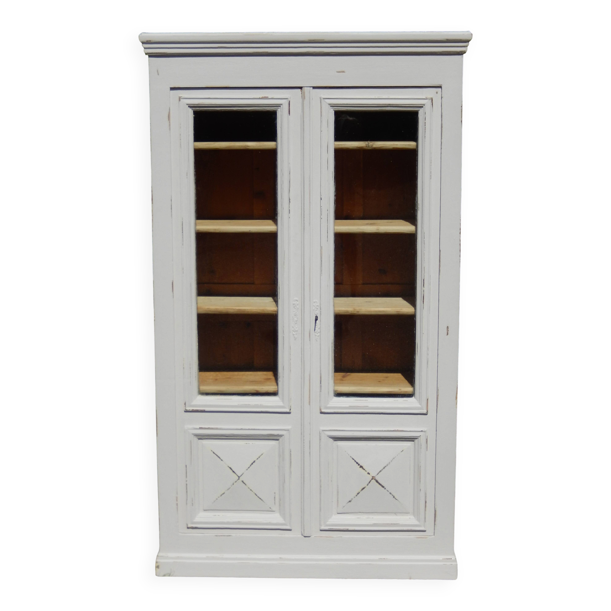 Magnificent old library/display cabinet in fir - white chalk patina.
