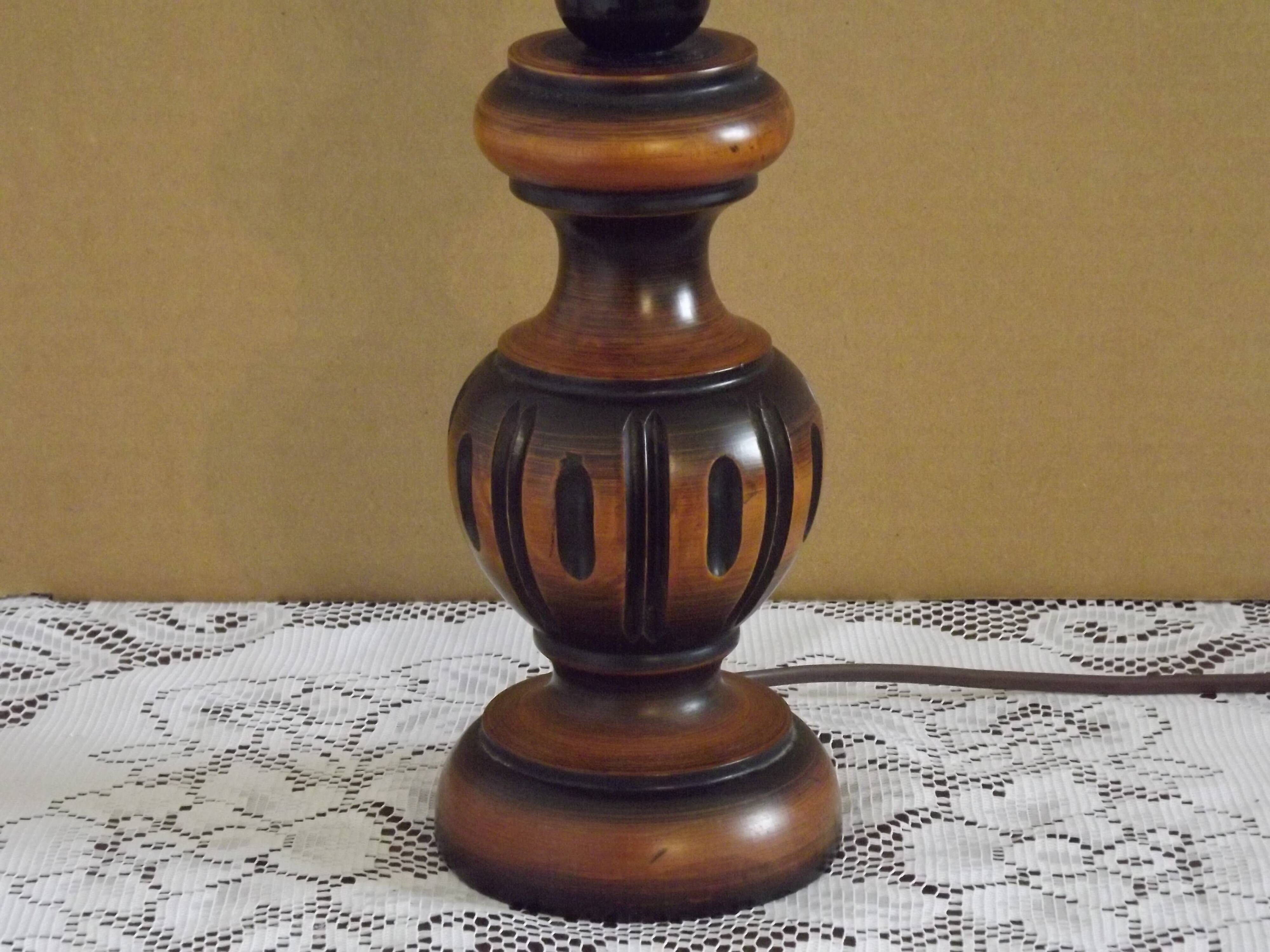 French Mid Century Round Turned Wood Table Lamp Cream Fringed Shade 5573