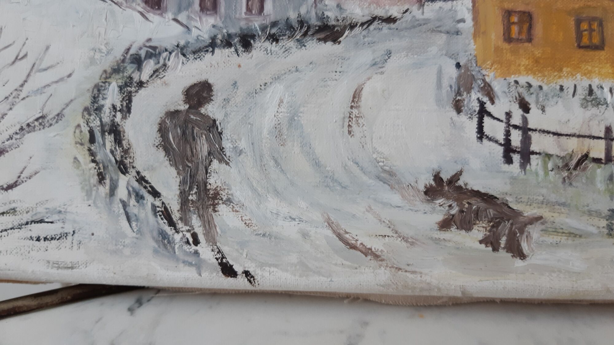 Oil painting on canvas village and landscape winter vintage signed