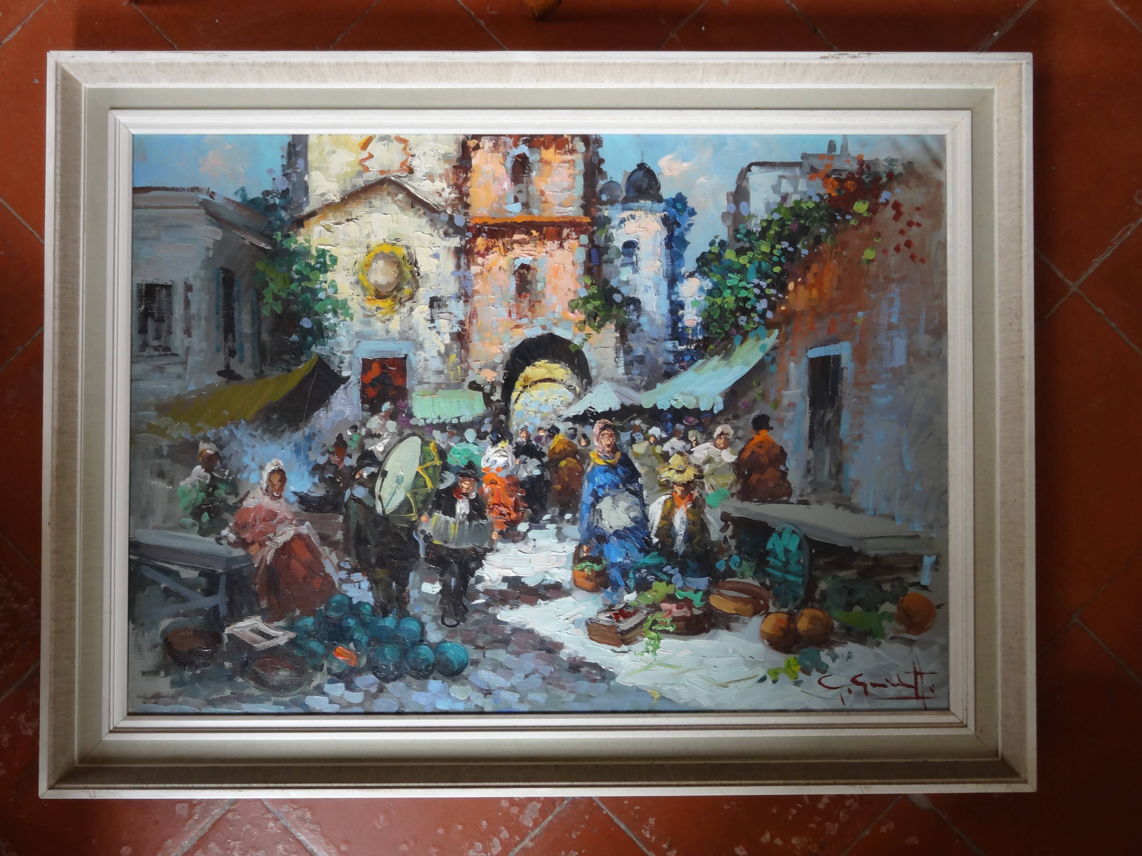 Neapolitan market scene, Oil on canvas 81 x 61 by Giovanni GUIDOTTI