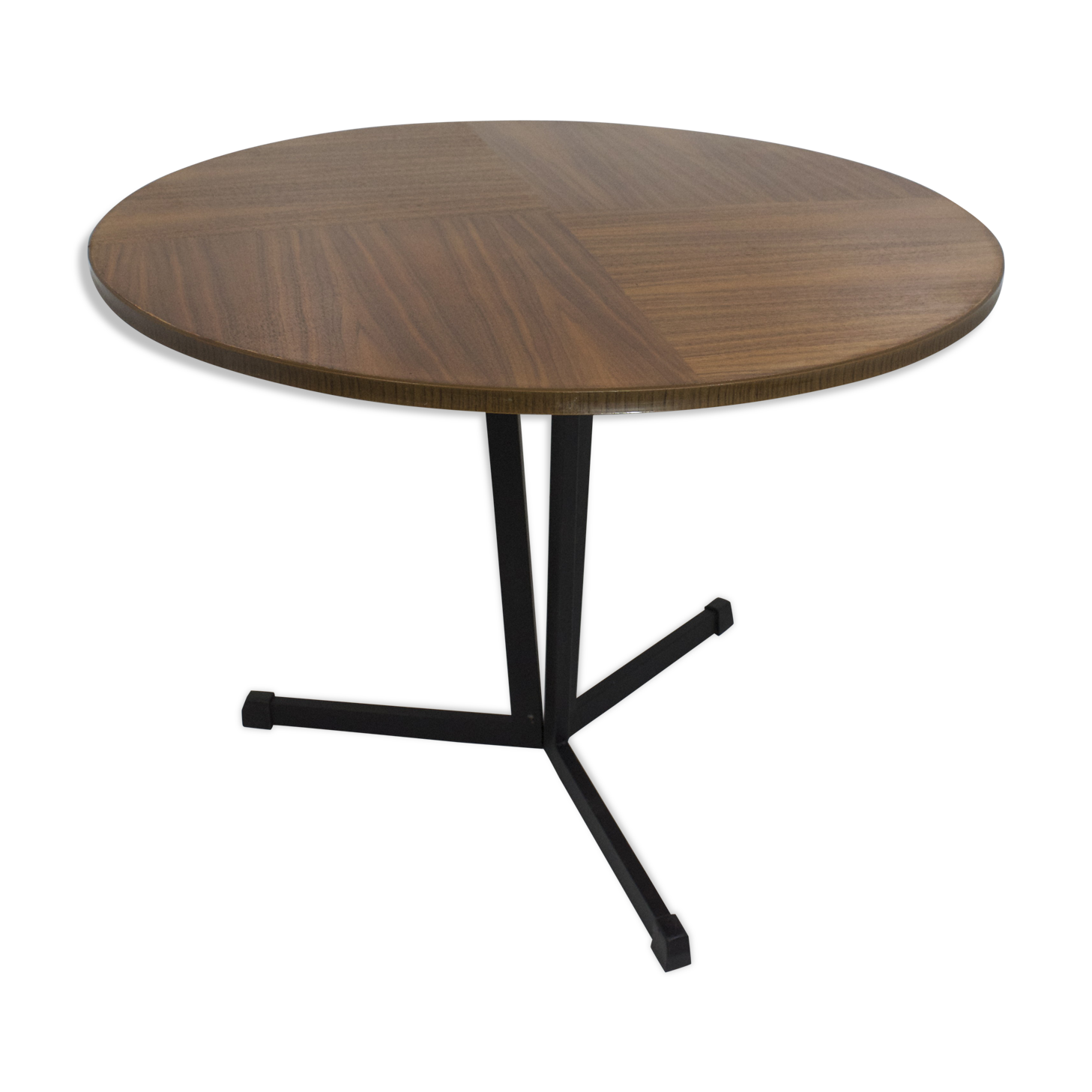 Vintage wooden round bass table black lace-up metal foot, 1960