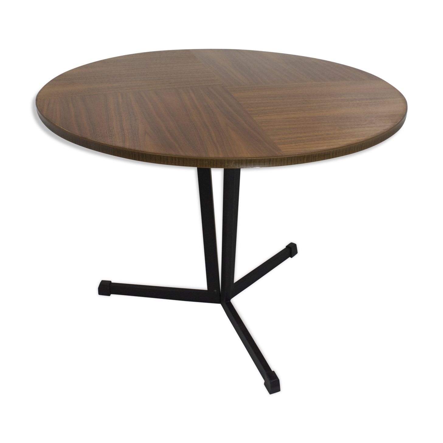 table basse vintage ronde en bois pied métal laqué noir 1960