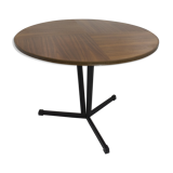 Vintage wooden round bass table black lace-up metal foot, 1960