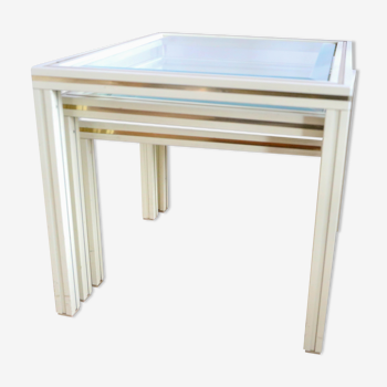 Pierre Vandel pull-out tables, beige and brass lacquered metal, 1970, vintage