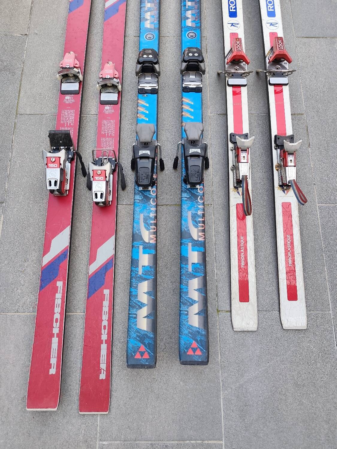 3 pairs of vintage skis: Rossignol Strato, ST 650 & Fischer.