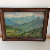 Tableau ancien, paysage de montagne