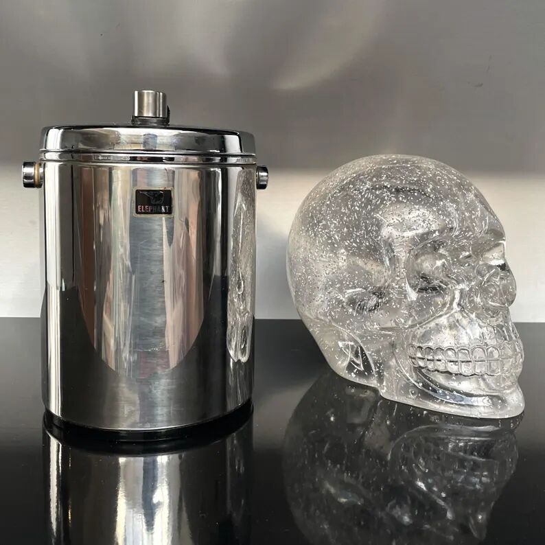 Vintage stainless steel ice bucket with lid and tongs - Made in Japan