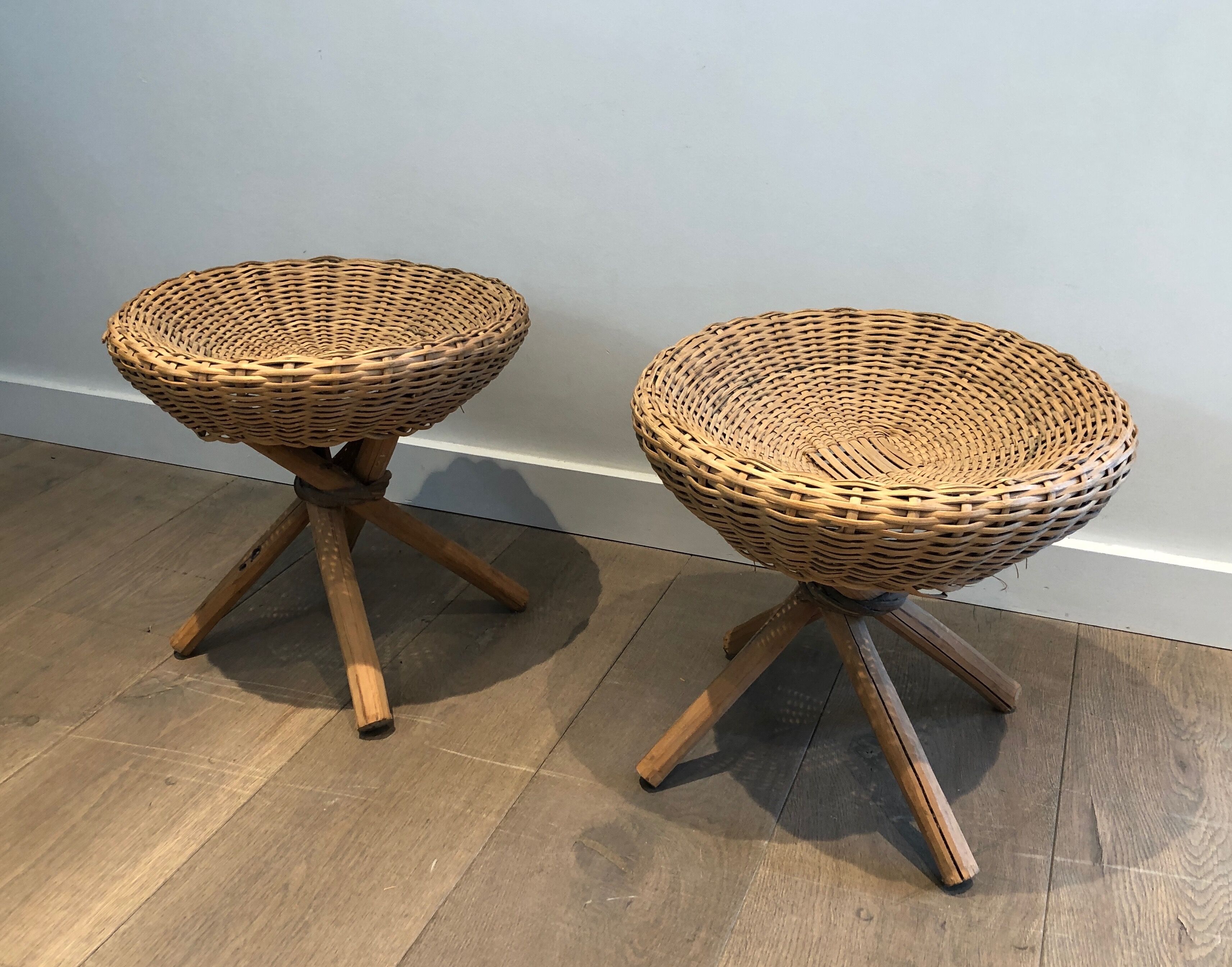 Pair of rattan stools. french work. around 1970