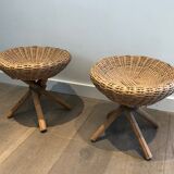 Pair of rattan stools. french work. around 1970