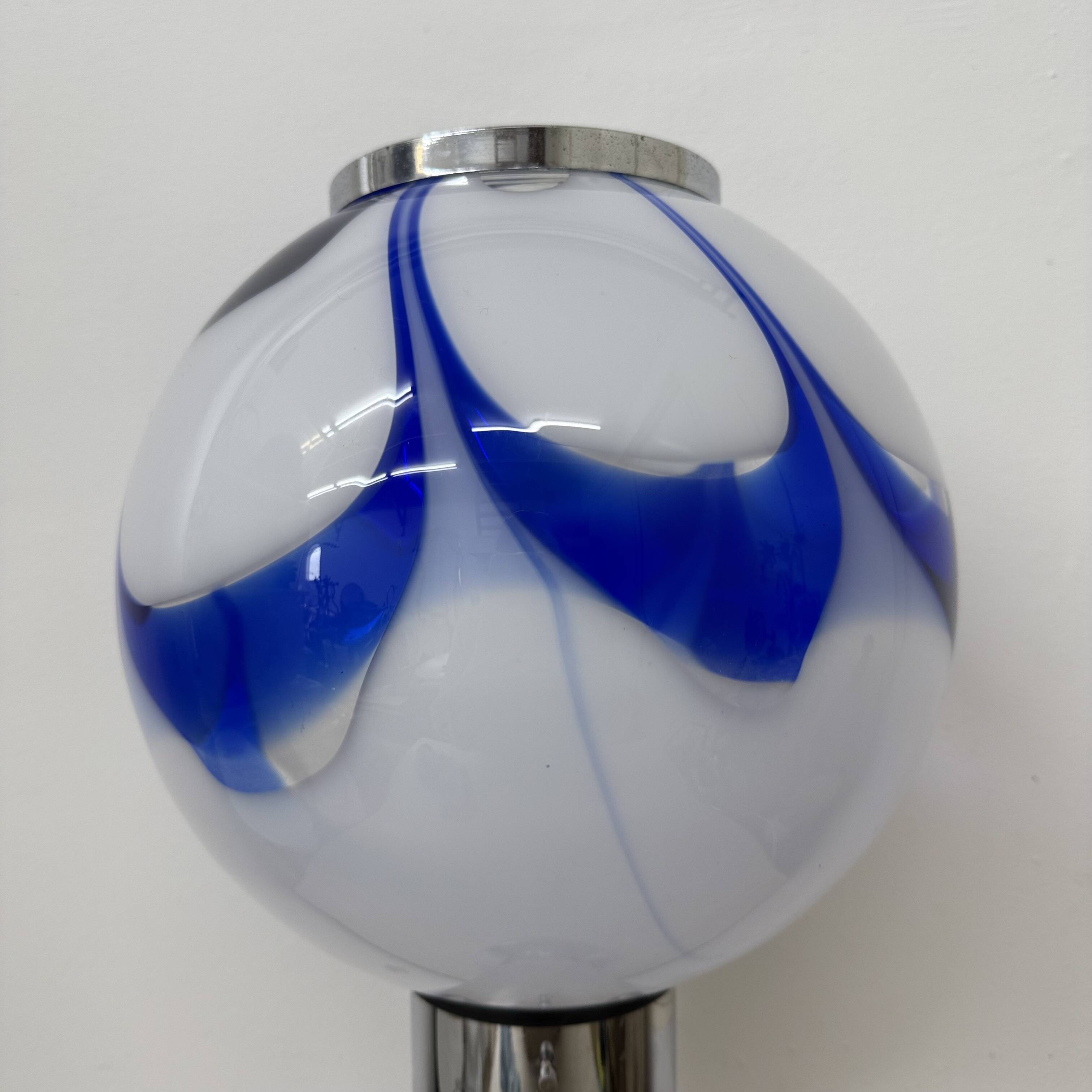 Mid – century Large glass table lamp with blue swirl , 1970s Italy