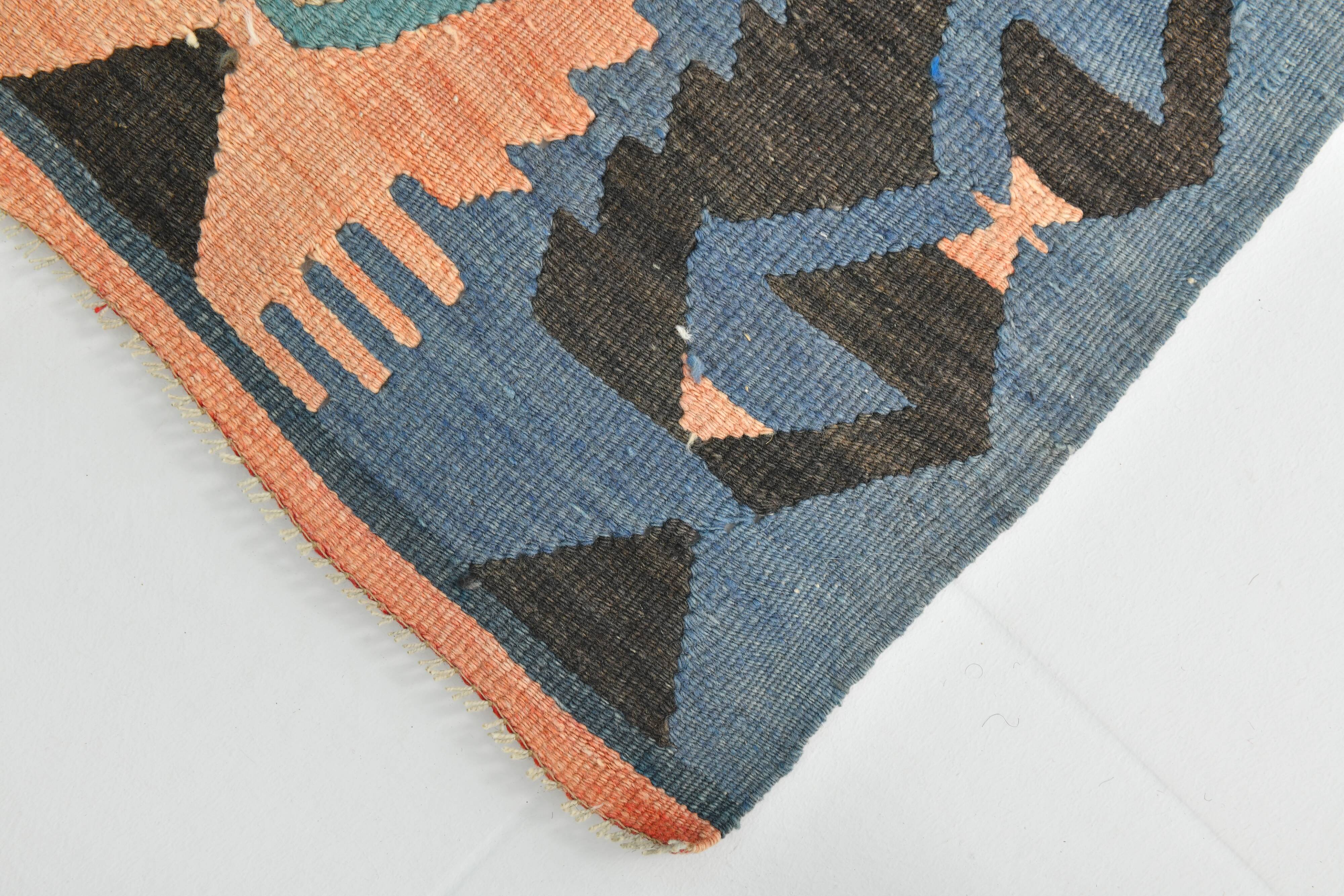 Faded Blue & Soft Peach Long Wide Handmade Kilim Rug, 168x296 Cm