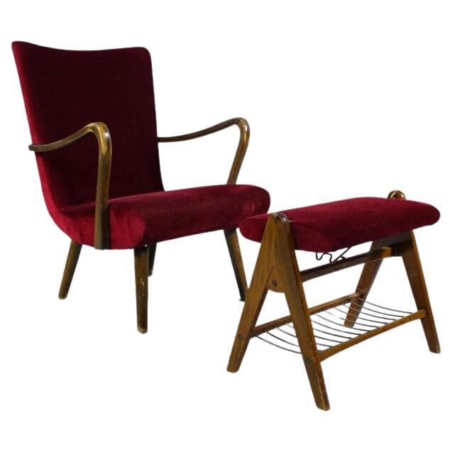 Velvet armchair with footstool, Denmark 1950s