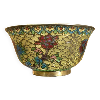 Old enamel cloisonné bowl, plique a jour, Asian art, ethnic deco