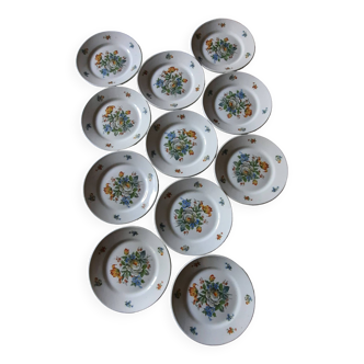 Service of 10 dessert plates Gray rose, blue & orange flower