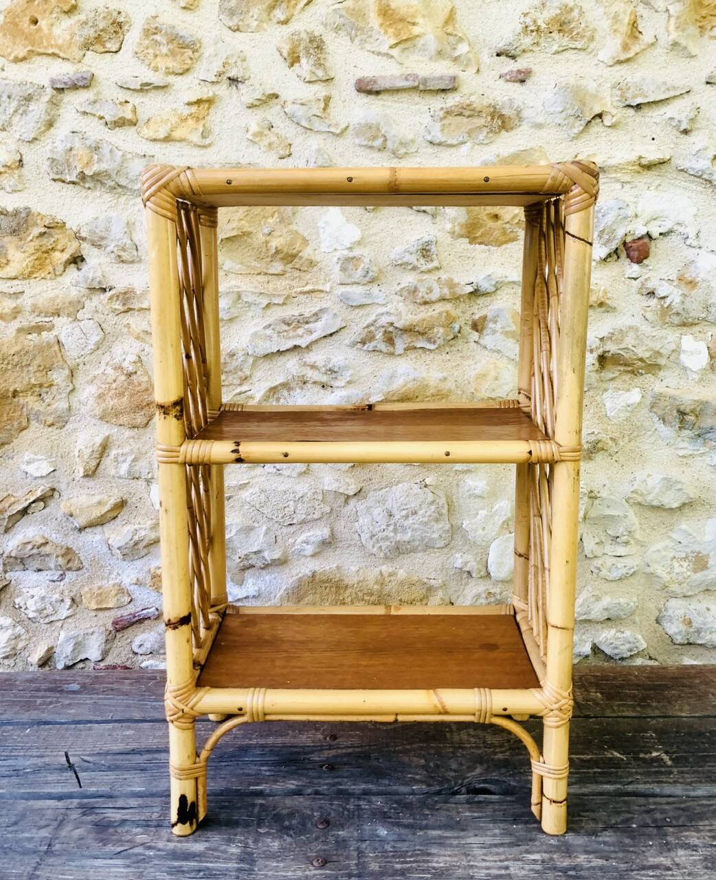 Wall shelf blond wood, bamboo, vintage rattan