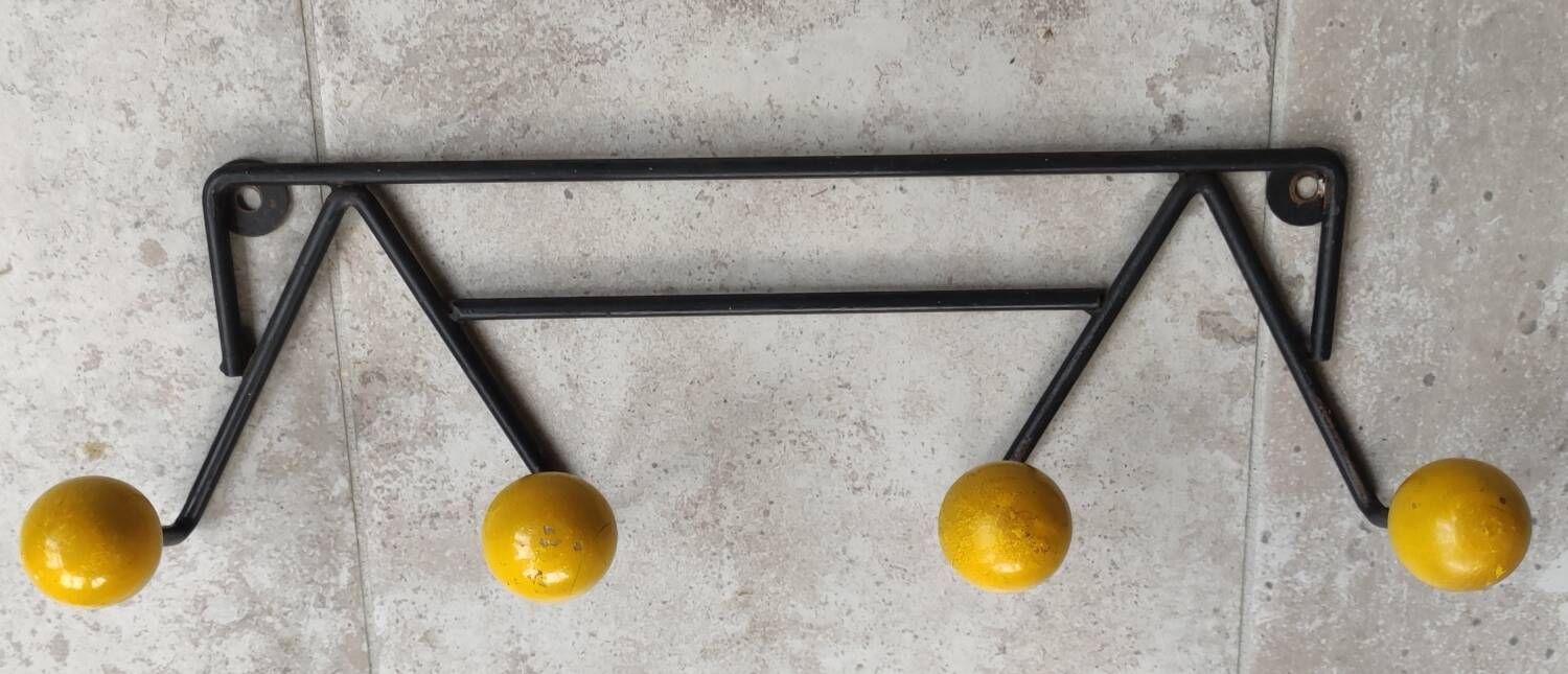 Two vintage metal and wood ball coat racks