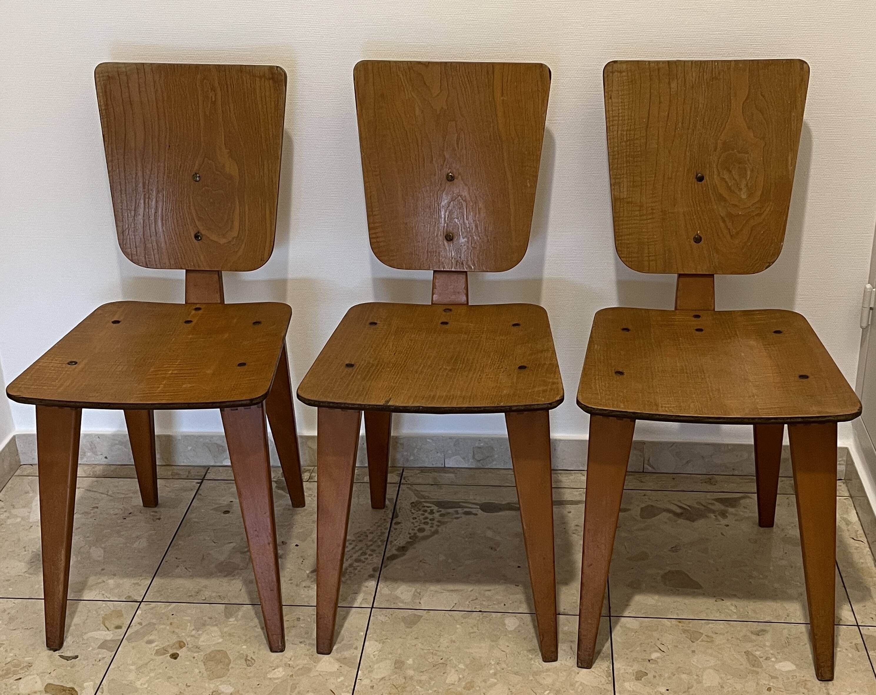 3 wooden chairs designed by André Sornay, 1960
