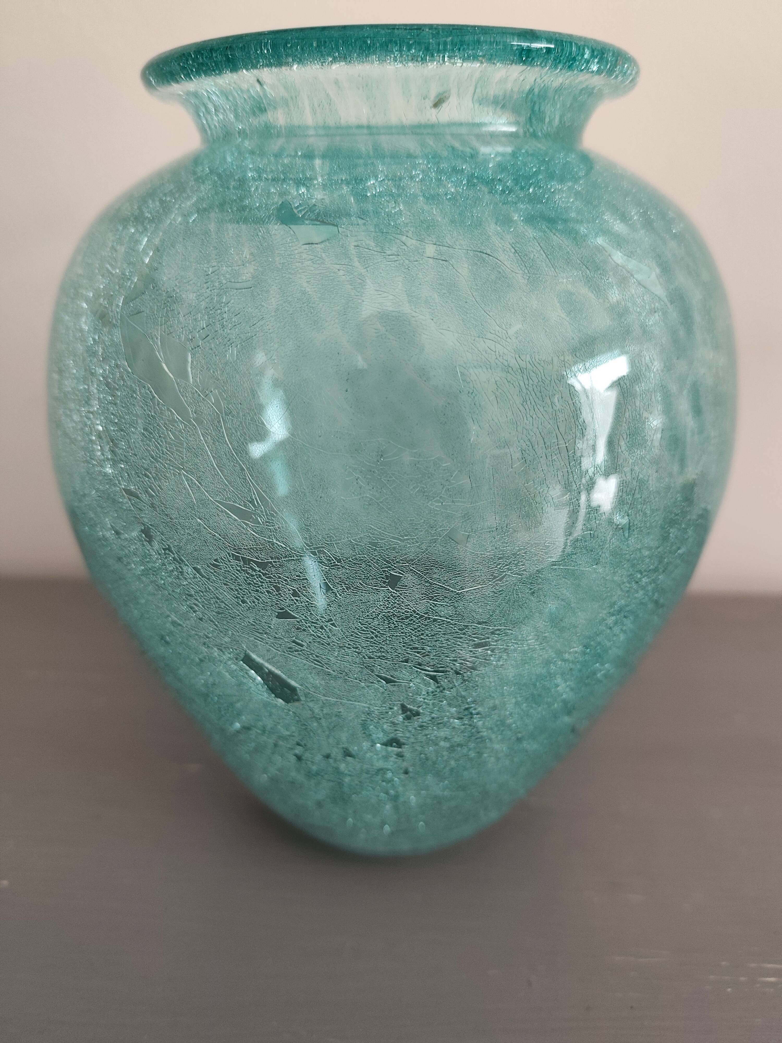 vase Karcagi Fátyolüveg cracked glass turquoise / blue-green water Hungary