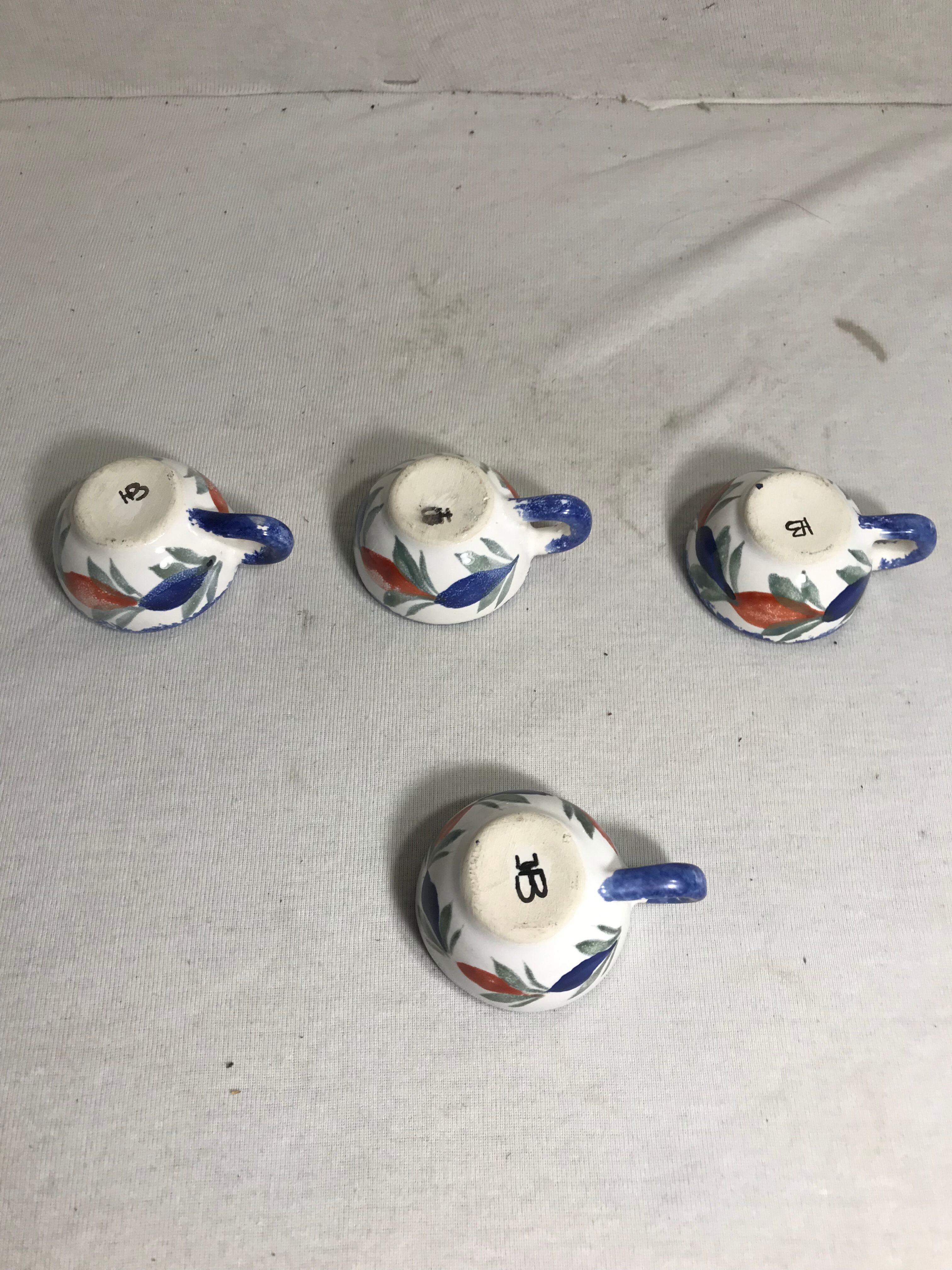 4 cups Quimper HB ceramic + drawings series painted vintage