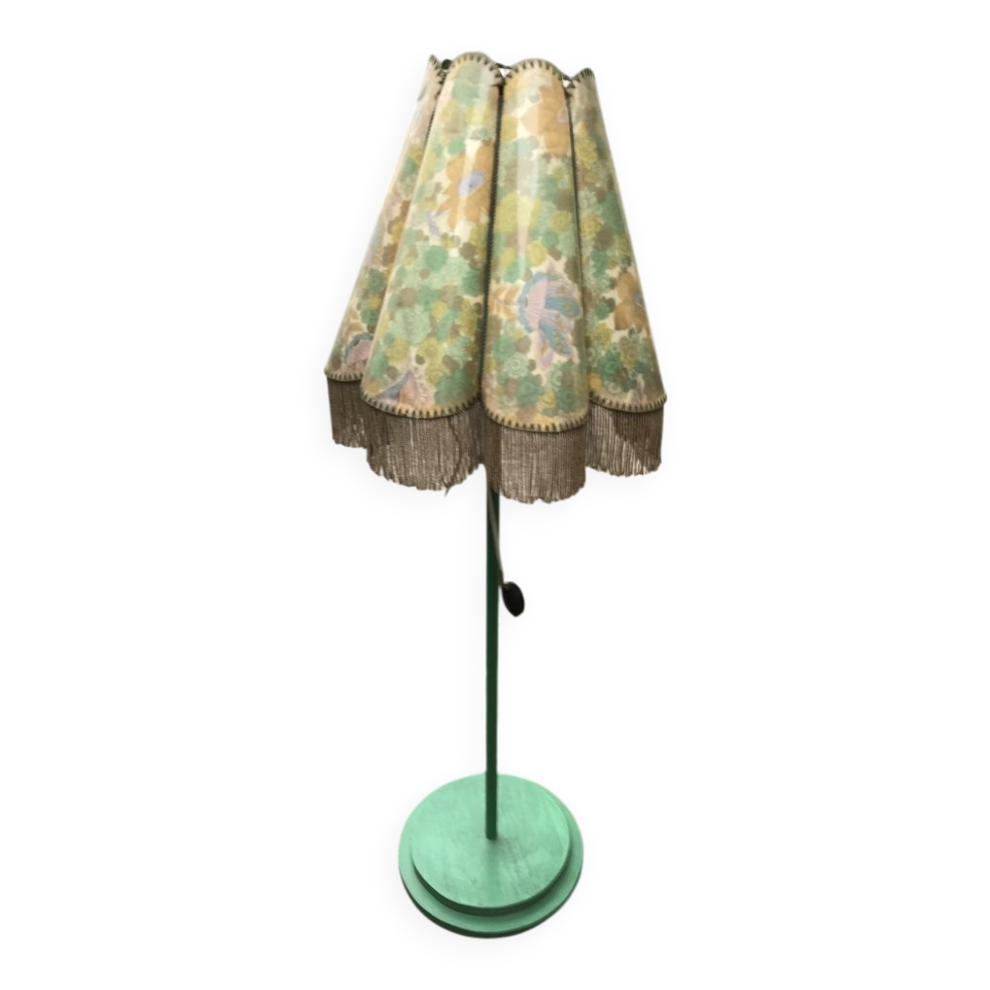 Mid-century green plastic and wood floor lamp, coral fringed shade (1950s)