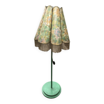 Mid-century green plastic and wood floor lamp, coral fringed shade (1950s)