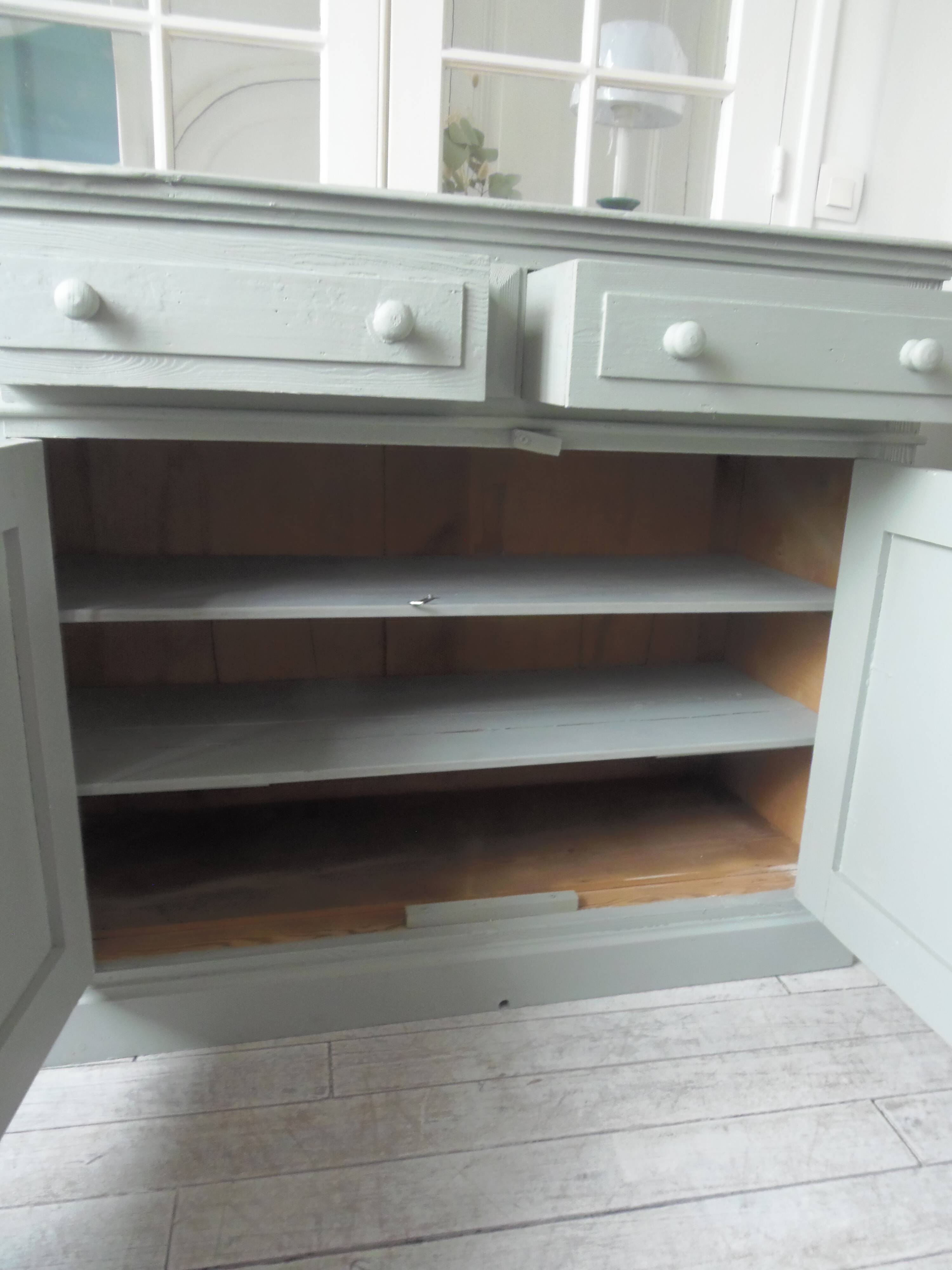 Antique sideboard enhanced in verdigris, wooden top.