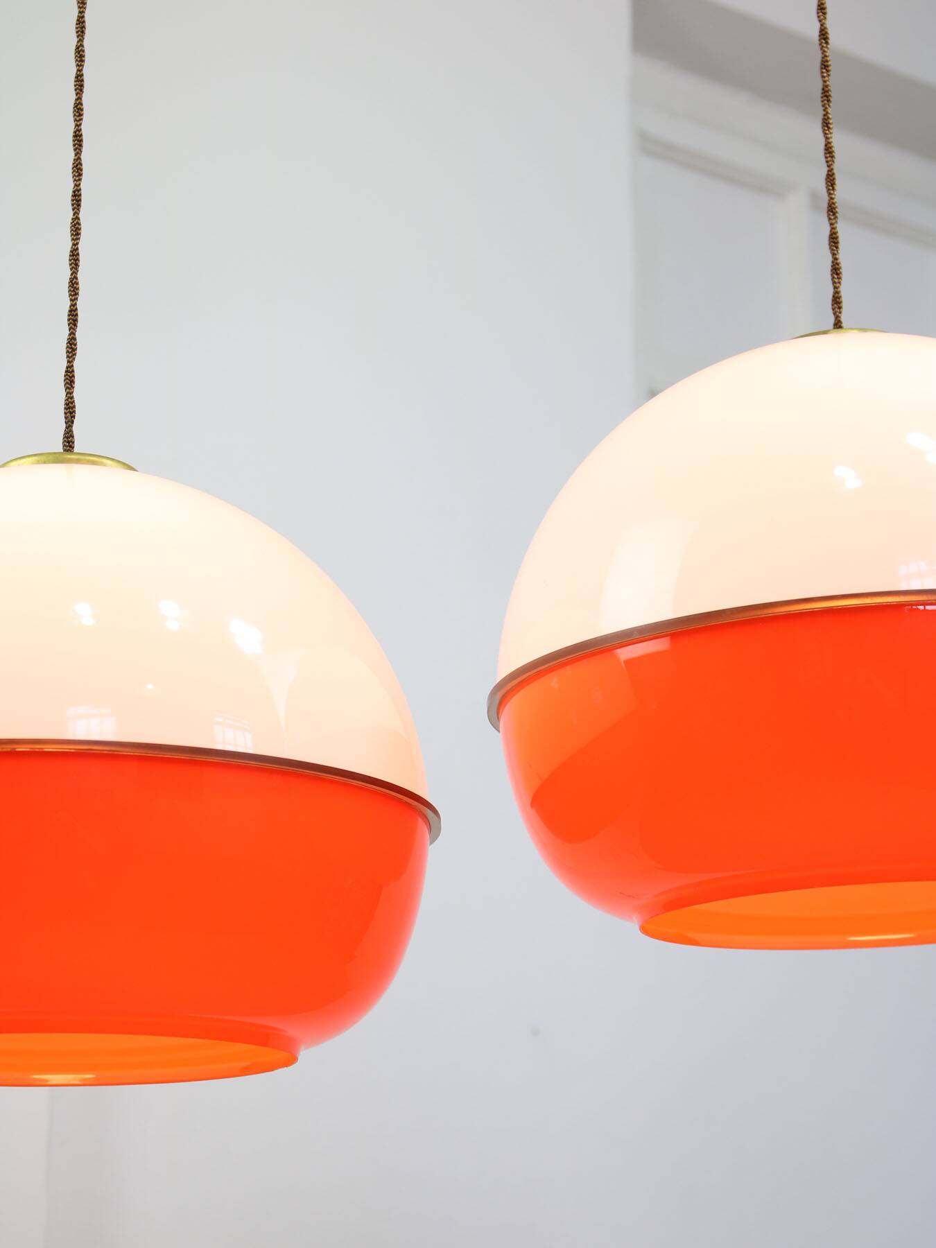 Space Age Italian Orange Plexiglass and Brass Pendant Lamp, 1970s