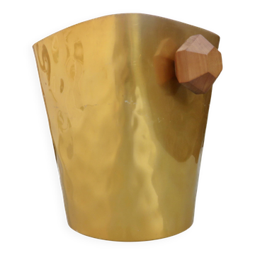 Gold anodised aluminium ice bucket, teak handles, signed T.L PARIS.