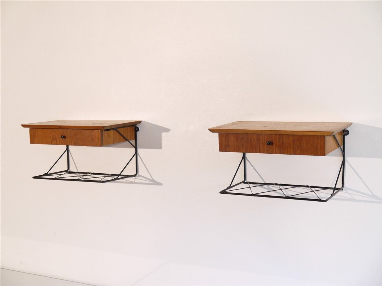 Pair of Scandinavian wall bedside tables in teak 1960