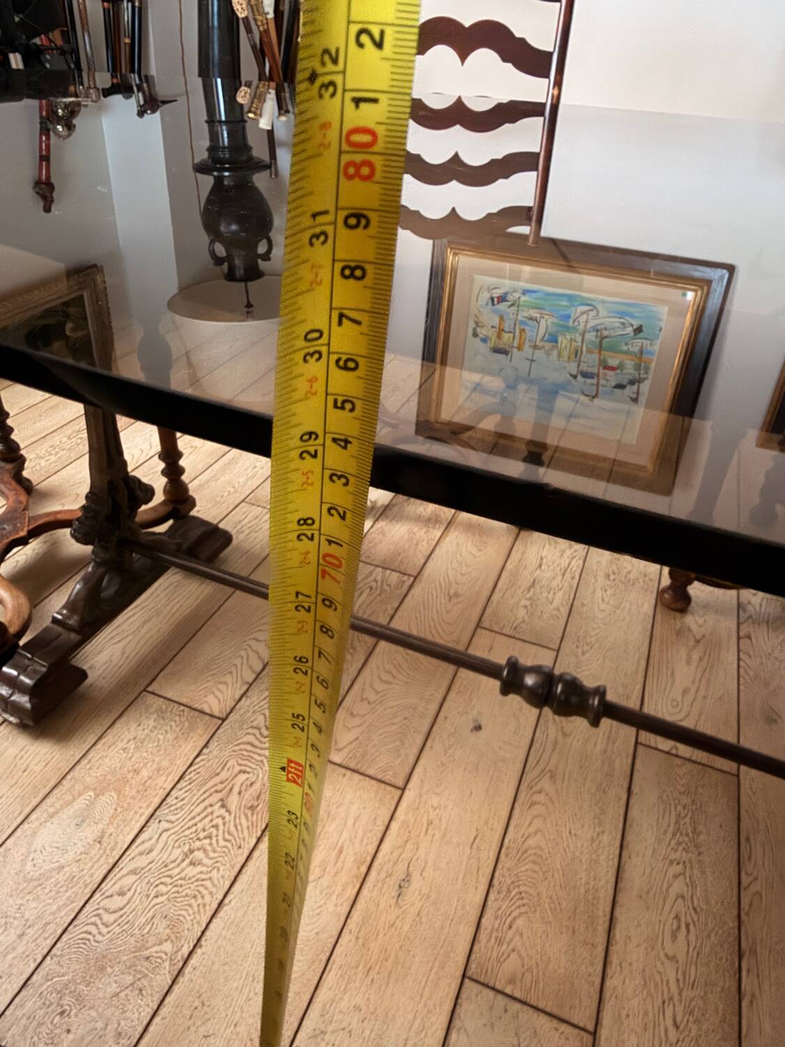 Large antique dining table in wrought iron and smoked glass,