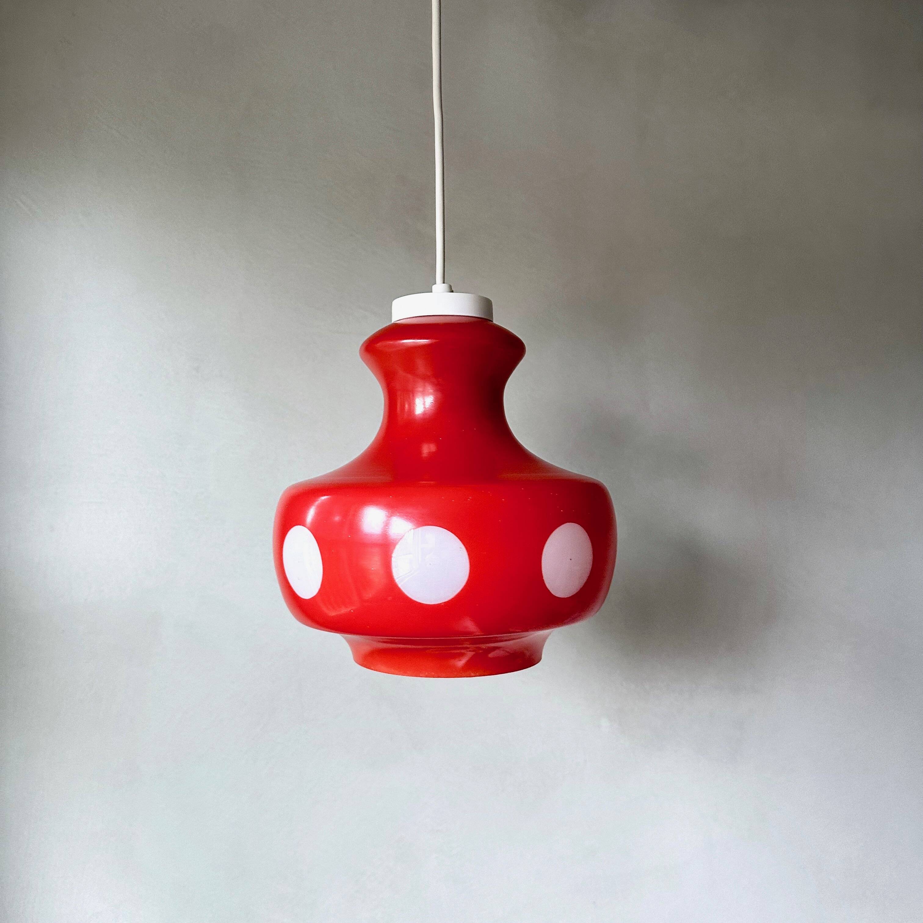 70's lamp polka dots, red glass lamp, vintage hanging lamp, children's room.