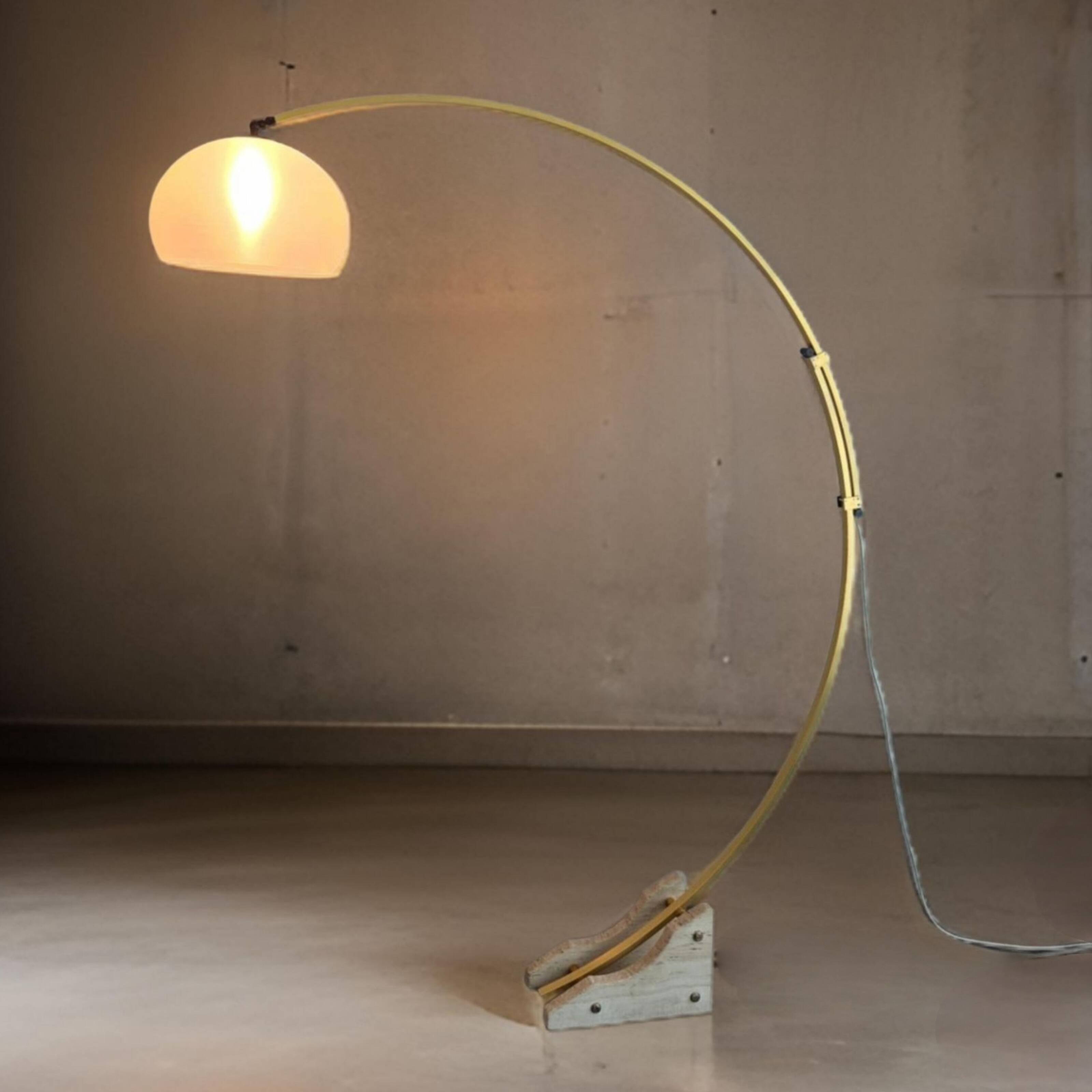 Space age Guzzini arc lamp with travertine base, Italy 1960s