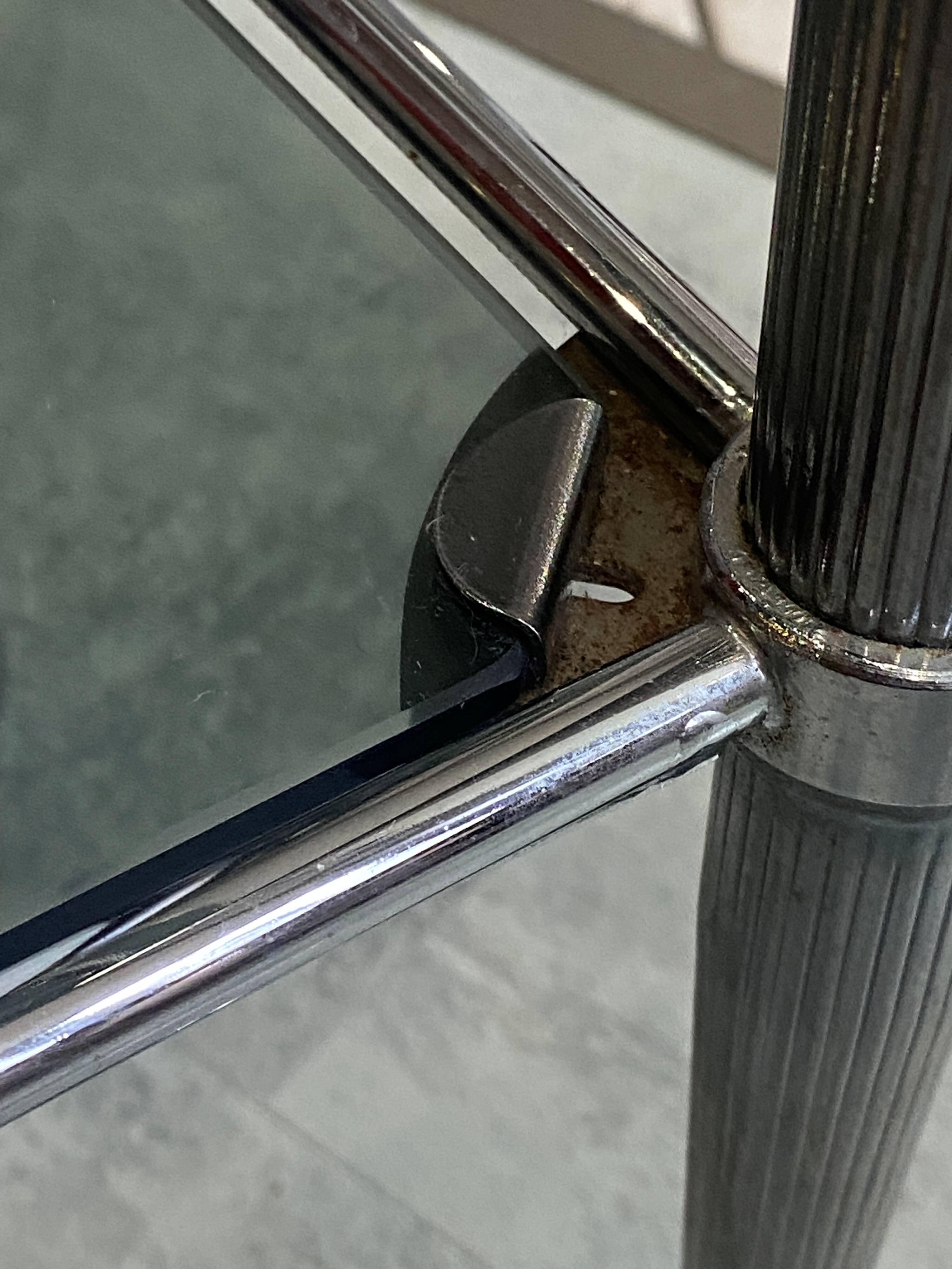 Vintage 1950s silver metal bar cart with wheels and two glass shelves