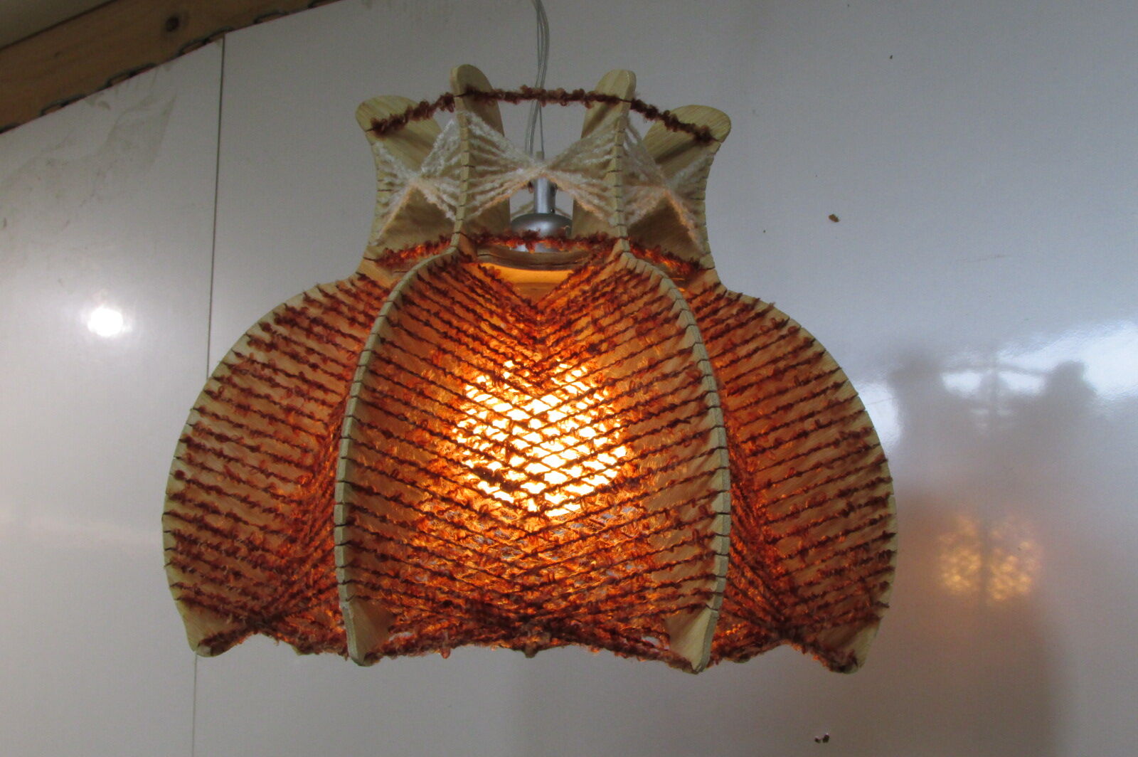 Scandinavian pendant lamp, wood and stretched wire, 1960s