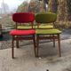 Set of 4 multicoloured wooden office chairs from the 1960s, Mid-Century style, with upholstered seats.