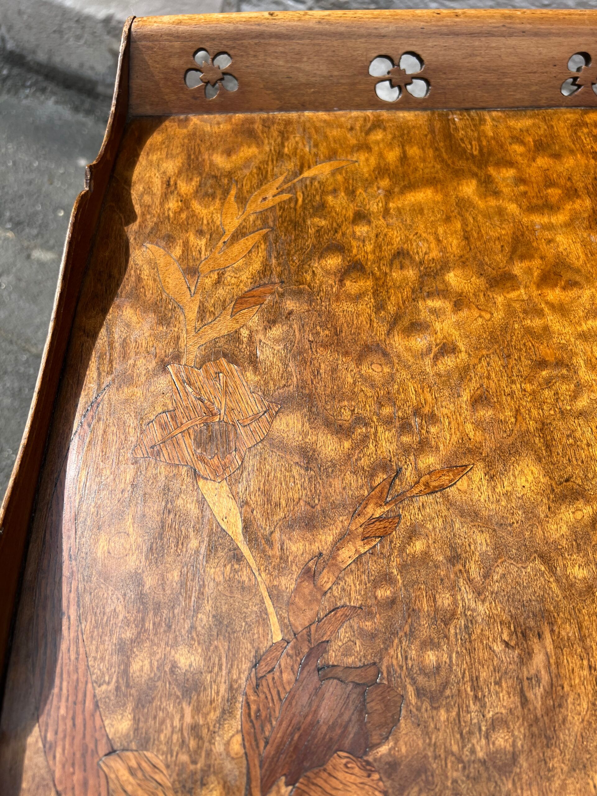 Art Nouveau period two-tiered tea table in veneered wood, signed Émile Gallé