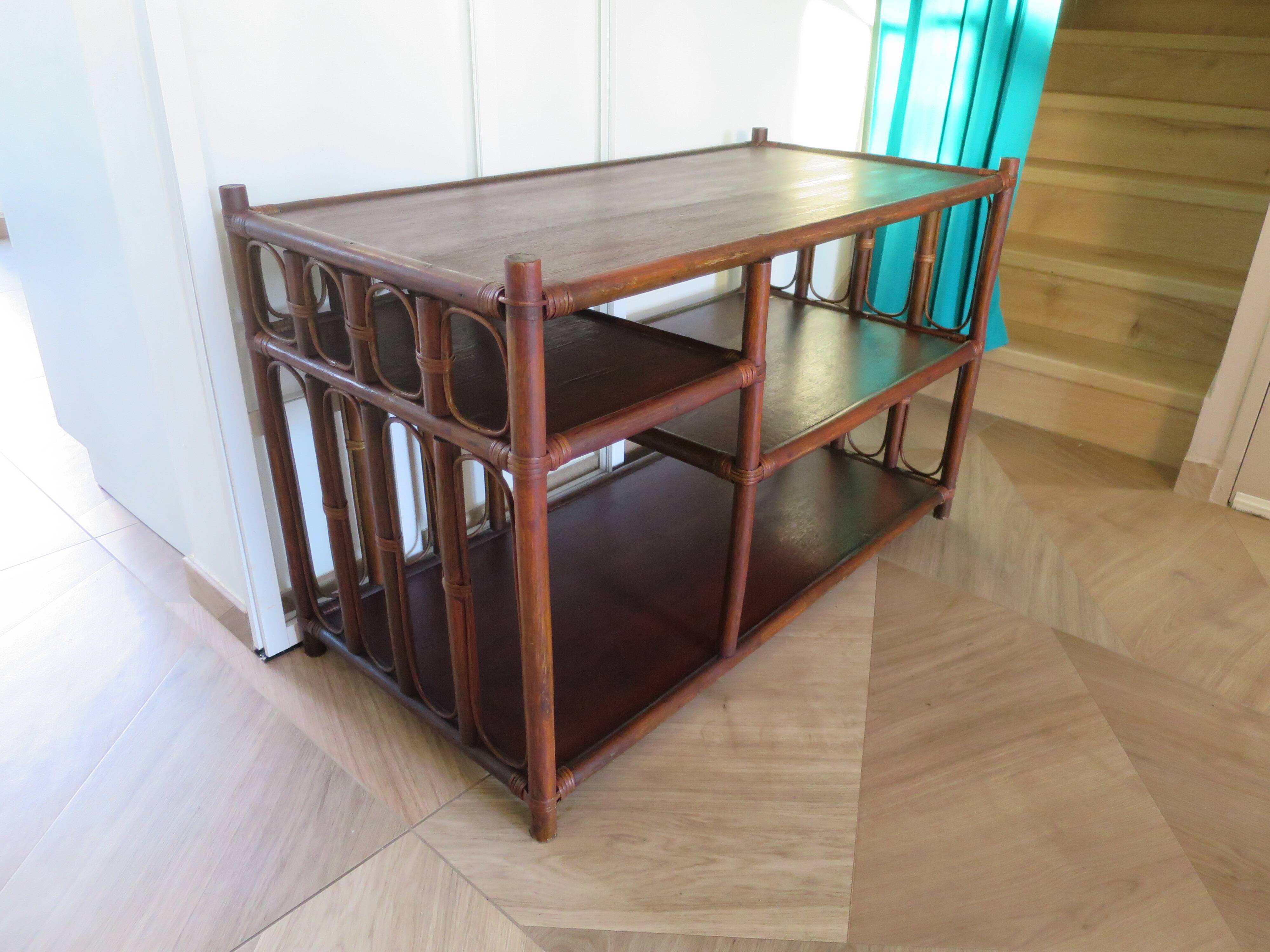 Retro side table - vinyl furniture - rattan and bamboo - 1980s